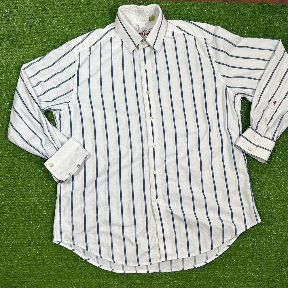 Robert Graham Button Down‎ LG White Embroidered Lace Pattern Striped Casual